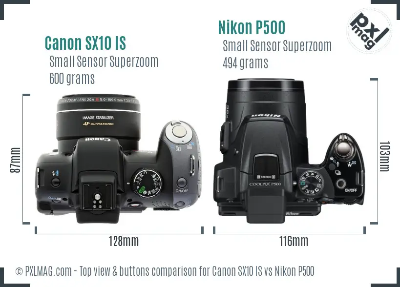 Canon SX10 IS vs Nikon P500 top view buttons comparison