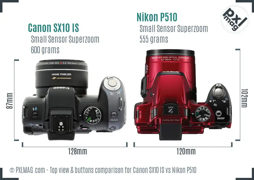 Canon SX10 IS vs Nikon P510 top view buttons comparison