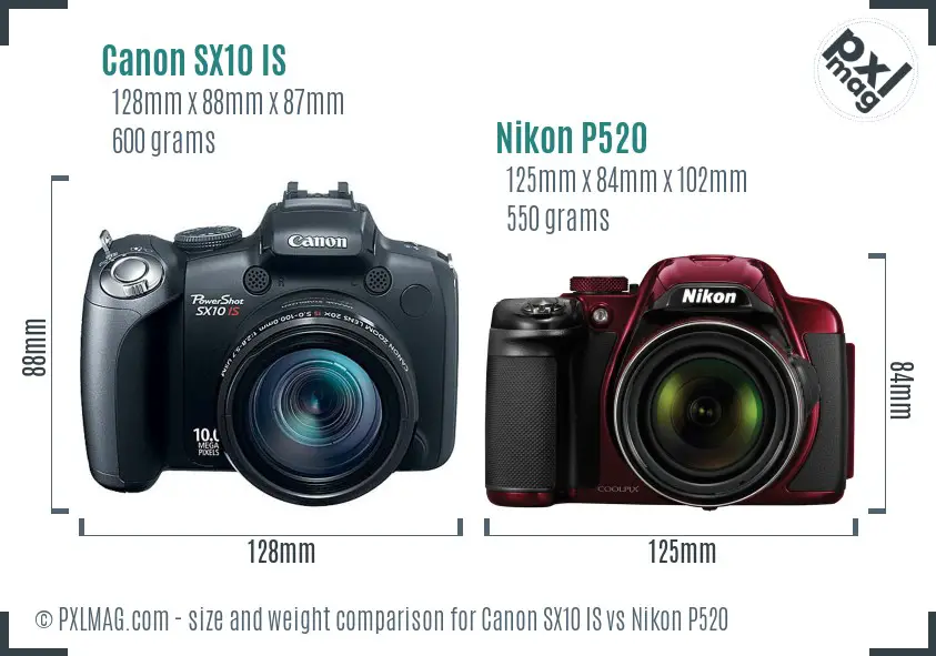 Canon SX10 IS vs Nikon P520 size comparison Canon SX10 IS vs Nikon P520 size comparison