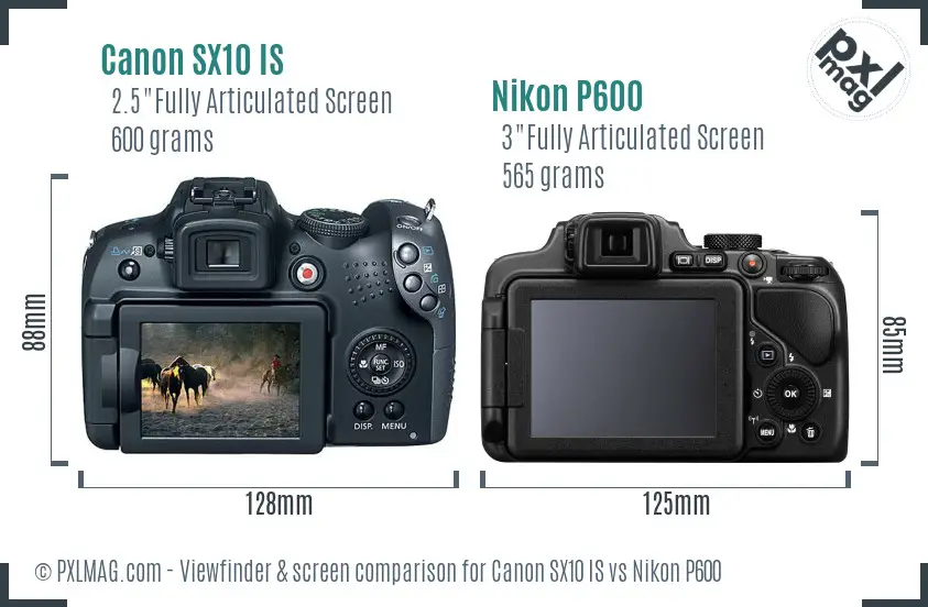 Canon SX10 IS vs Nikon P600 Screen and Viewfinder comparison