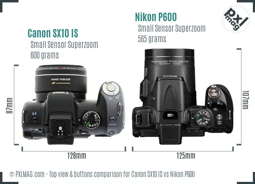 Canon SX10 IS vs Nikon P600 top view buttons comparison