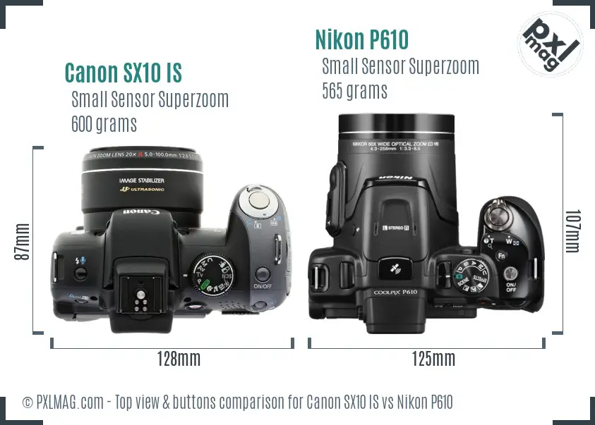 Canon SX10 IS vs Nikon P610 top view buttons comparison