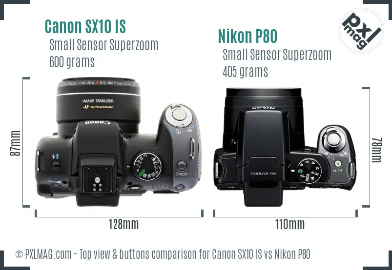 Canon SX10 IS vs Nikon P80 top view buttons comparison