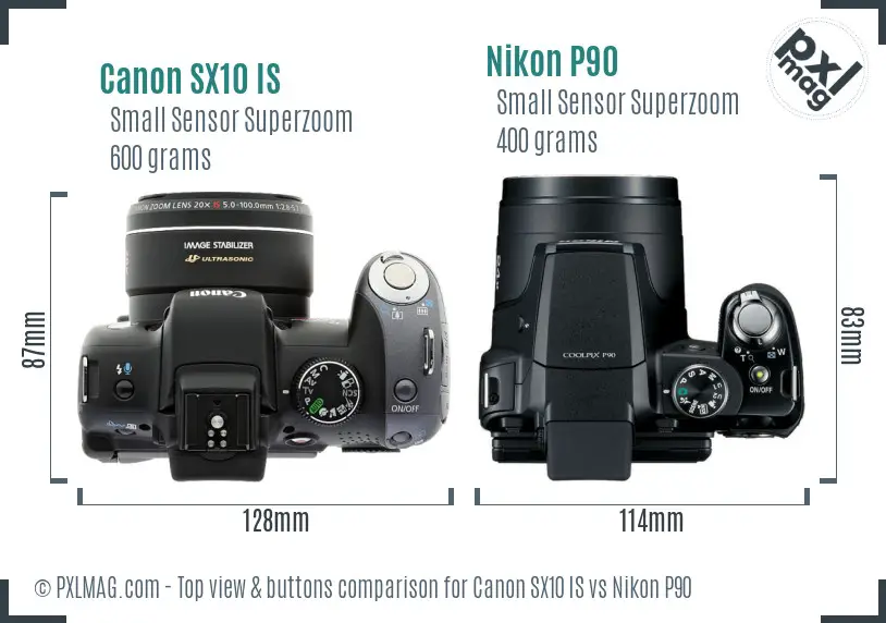 Canon SX10 IS vs Nikon P90 top view buttons comparison