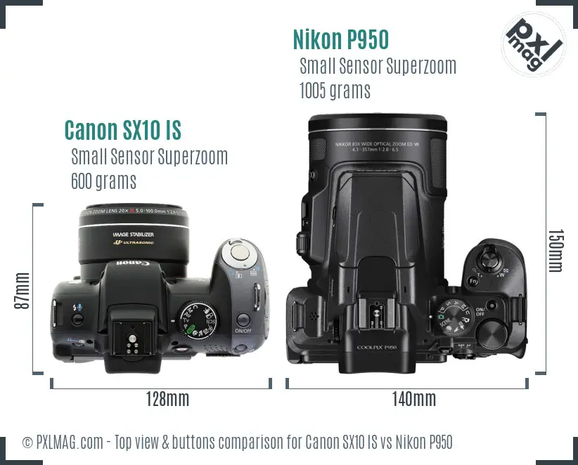 Canon SX10 IS vs Nikon P950 top view buttons comparison