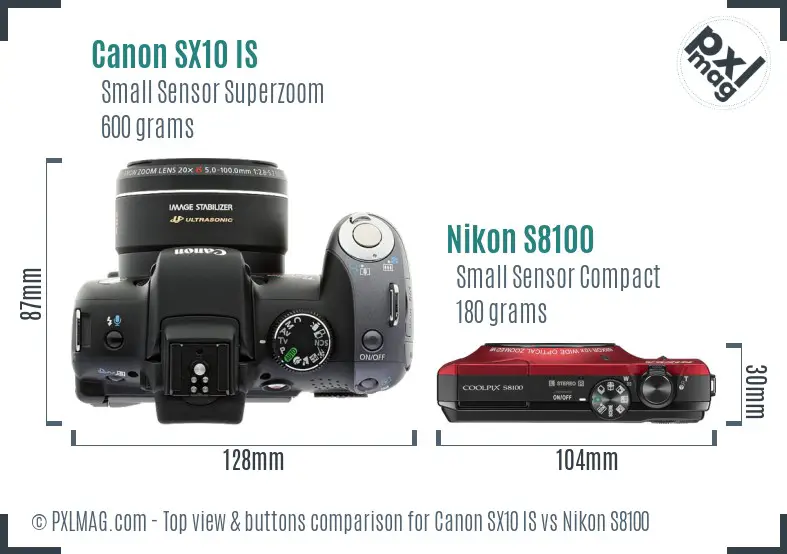Canon SX10 IS vs Nikon S8100 top view buttons comparison