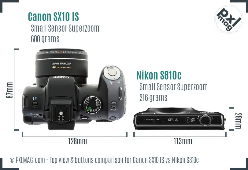 Canon SX10 IS vs Nikon S810c top view buttons comparison Canon SX10 IS vs Nikon S810c top view buttons comparison