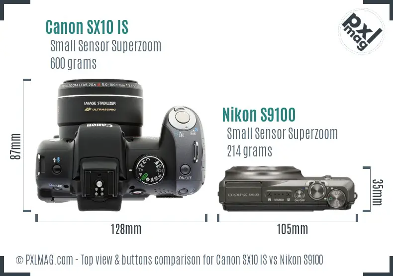 Canon SX10 IS vs Nikon S9100 top view buttons comparison