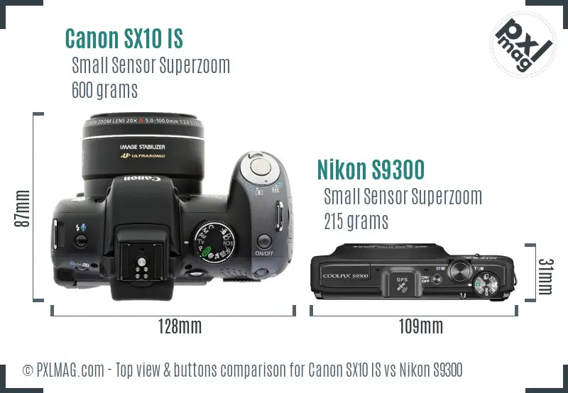 Canon SX10 IS vs Nikon S9300 top view buttons comparison