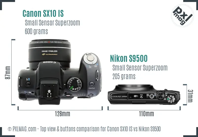 Canon SX10 IS vs Nikon S9500 top view buttons comparison