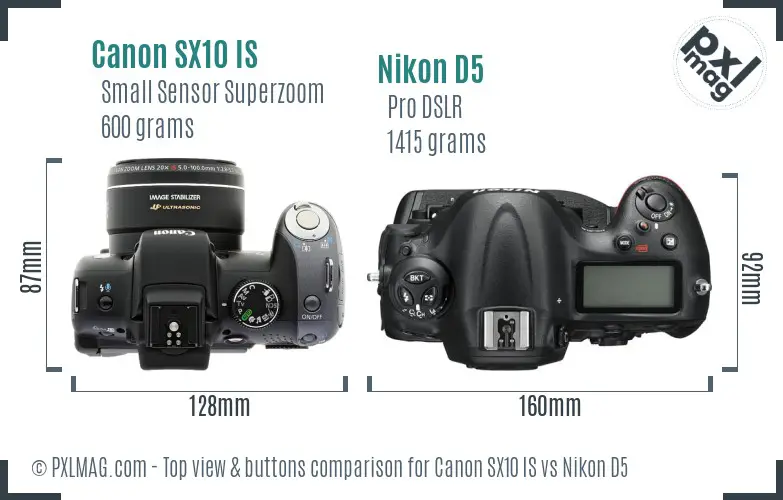 Canon SX10 IS vs Nikon D5 top view buttons comparison