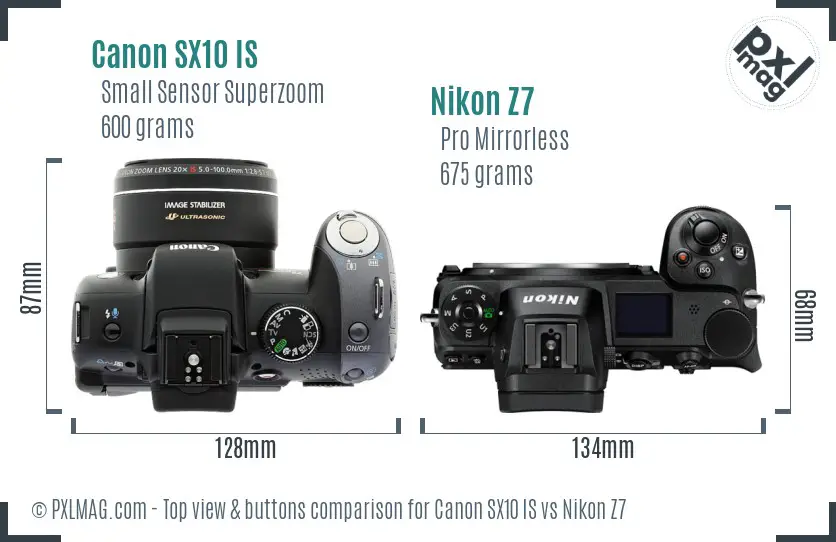 Canon SX10 IS vs Nikon Z7 top view buttons comparison