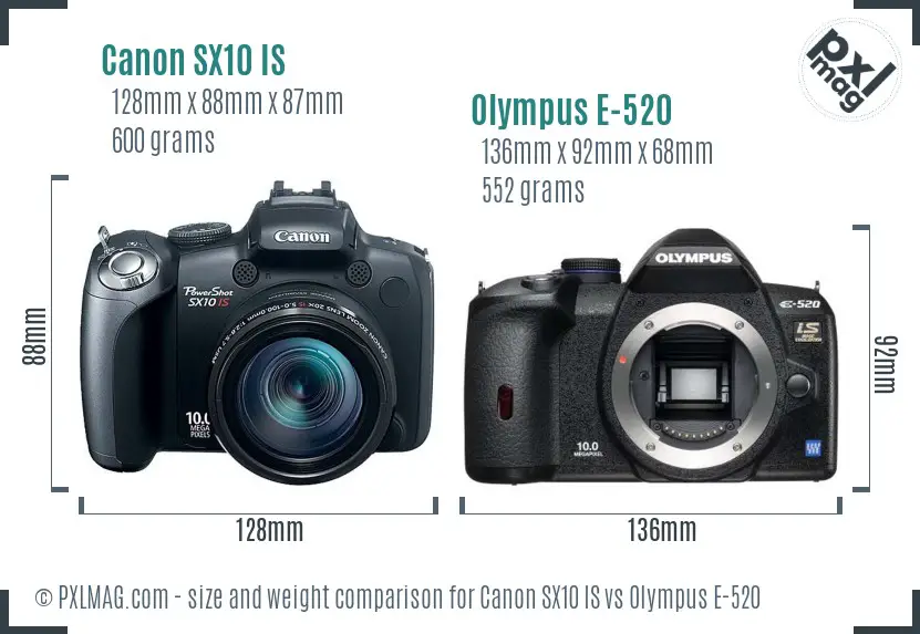 Canon SX10 IS vs Olympus E-520 size comparison