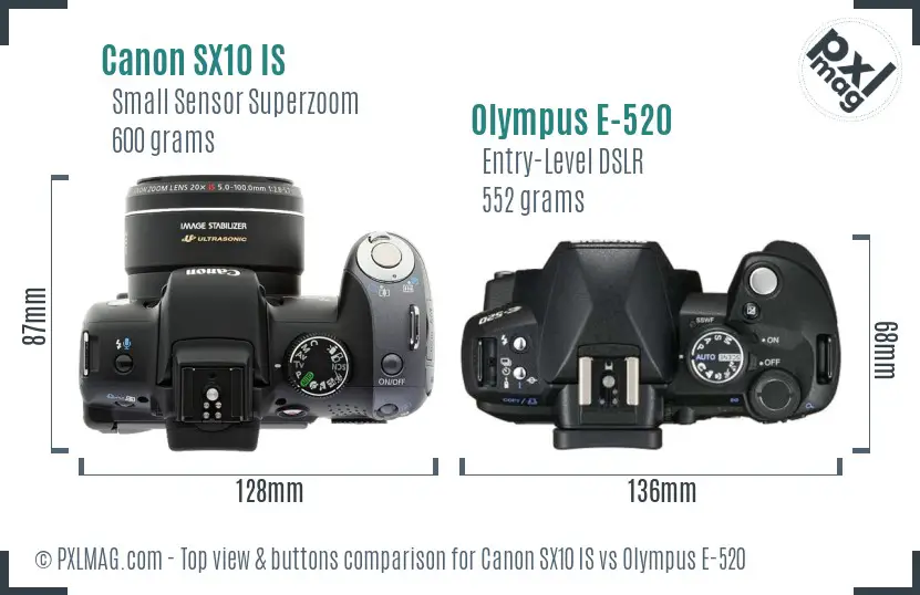 Canon SX10 IS vs Olympus E-520 top view buttons comparison