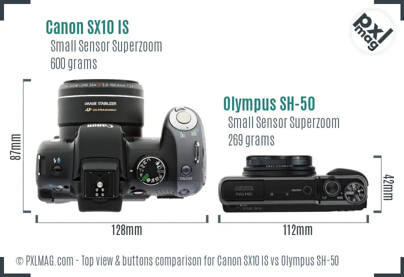 Canon SX10 IS vs Olympus SH-50 top view buttons comparison