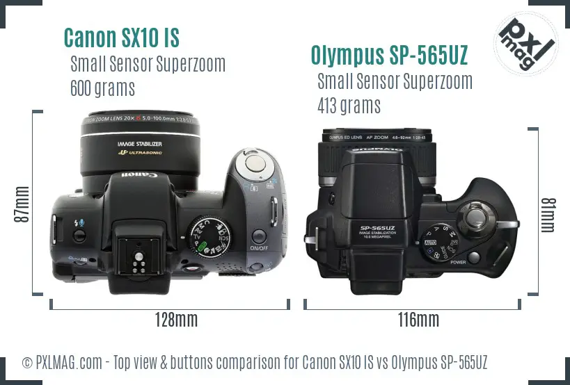 Canon SX10 IS vs Olympus SP-565UZ top view buttons comparison