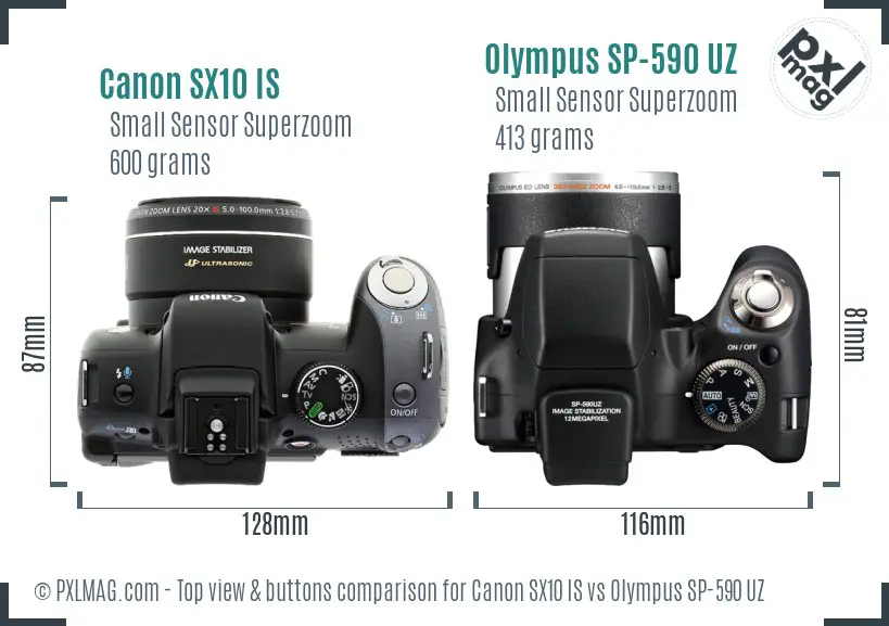 Canon SX10 IS vs Olympus SP-590 UZ top view buttons comparison
