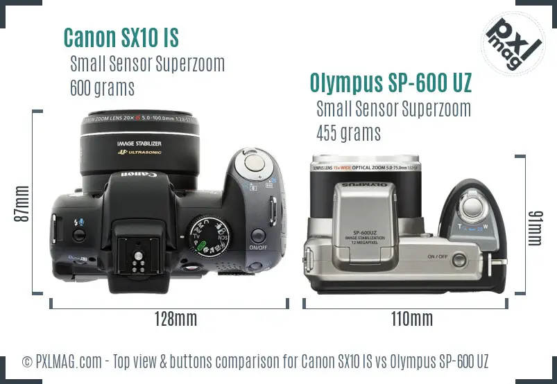 Canon SX10 IS vs Olympus SP-600 UZ top view buttons comparison