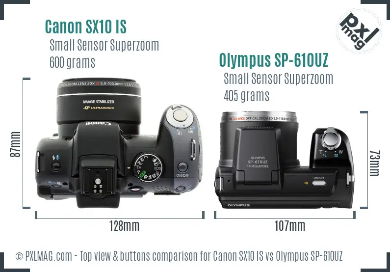 Canon SX10 IS vs Olympus SP-610UZ top view buttons comparison