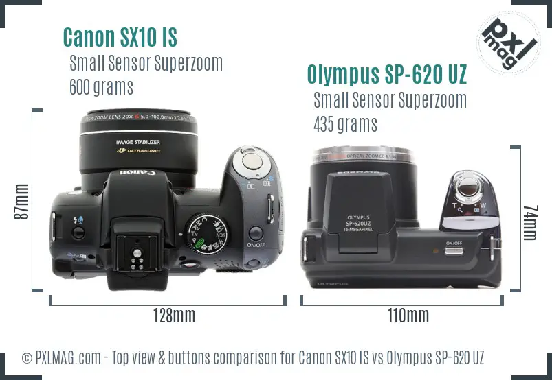 Canon SX10 IS vs Olympus SP-620 UZ top view buttons comparison Canon SX10 IS vs Olympus SP-620 UZ top view buttons comparison