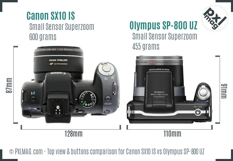 Canon SX10 IS vs Olympus SP-800 UZ top view buttons comparison