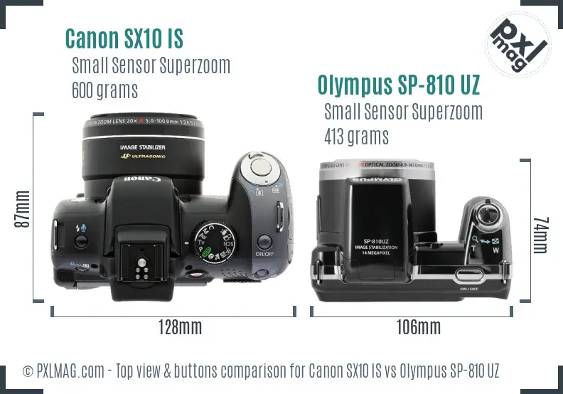 Canon SX10 IS vs Olympus SP-810 UZ top view buttons comparison