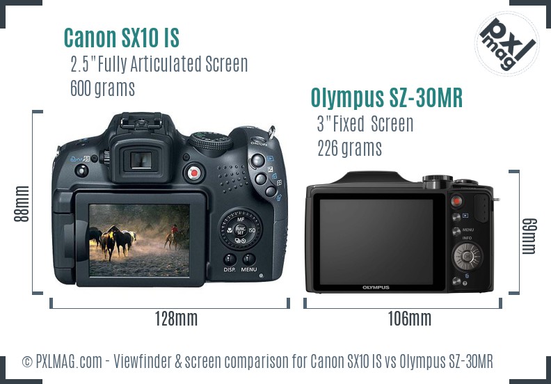Canon SX10 IS vs Olympus SZ-30MR Screen and Viewfinder comparison