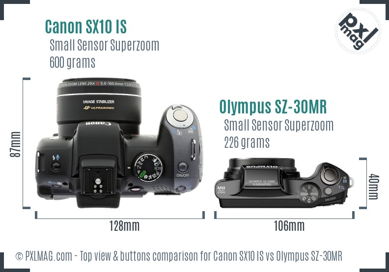 Canon SX10 IS vs Olympus SZ-30MR top view buttons comparison