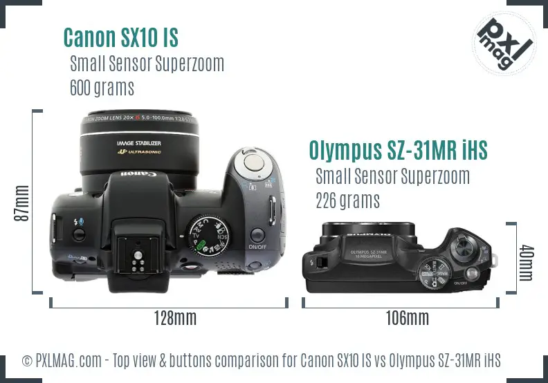 Canon SX10 IS vs Olympus SZ-31MR iHS top view buttons comparison Canon SX10 IS vs Olympus SZ-31MR iHS top view buttons comparison