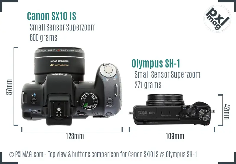 Canon SX10 IS vs Olympus SH-1 top view buttons comparison