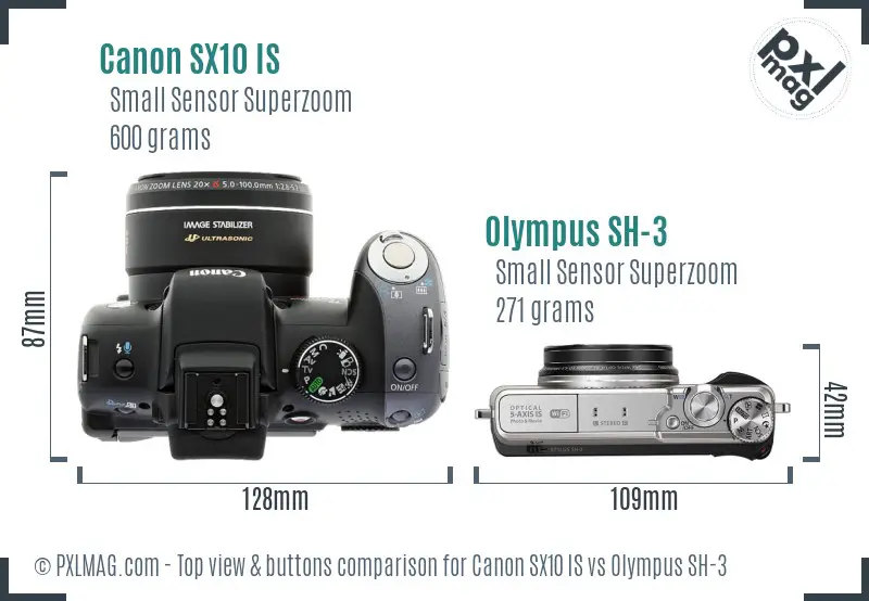 Canon SX10 IS vs Olympus SH-3 top view buttons comparison