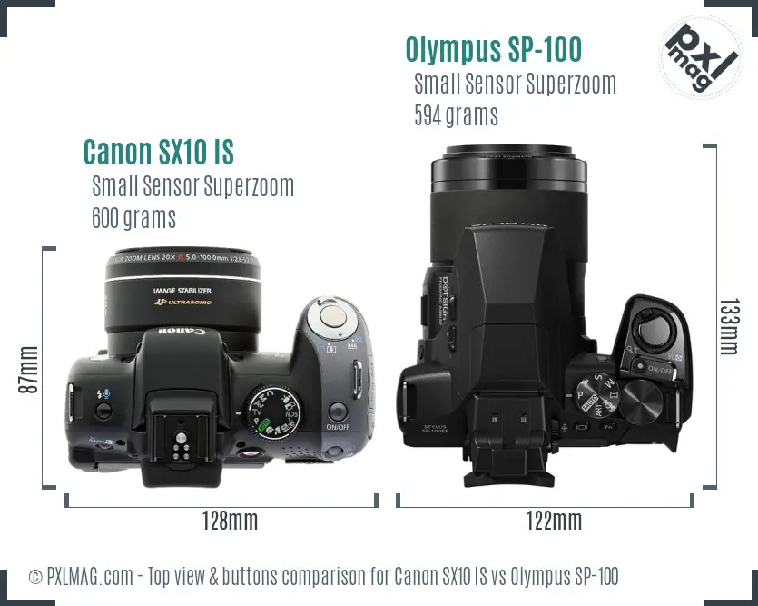 Canon SX10 IS vs Olympus SP-100 top view buttons comparison