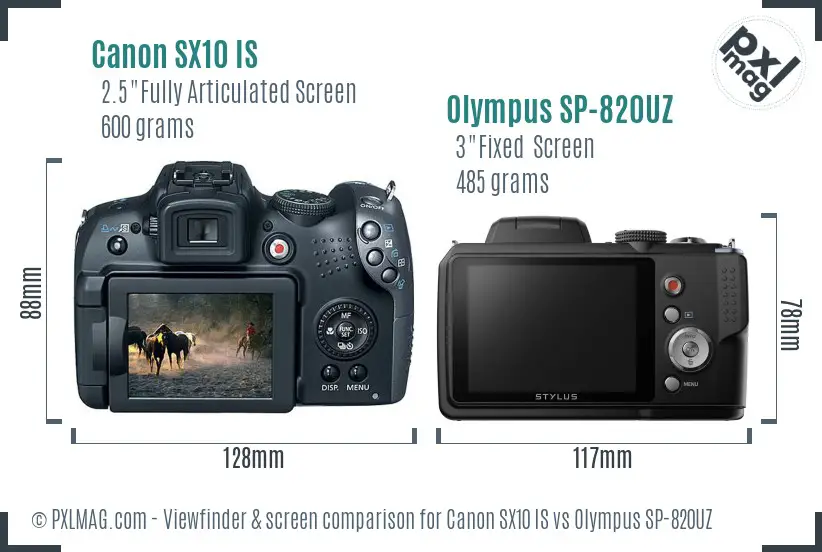 Canon SX10 IS vs Olympus SP-820UZ Screen and Viewfinder comparison