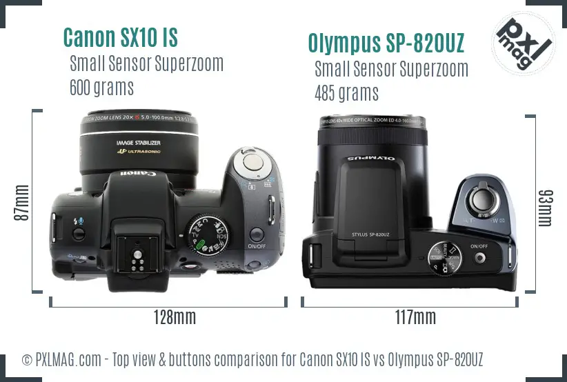 Canon SX10 IS vs Olympus SP-820UZ top view buttons comparison