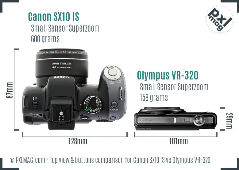 Top view design and control layout comparison of Canon SX10 IS and Olympus VR-320