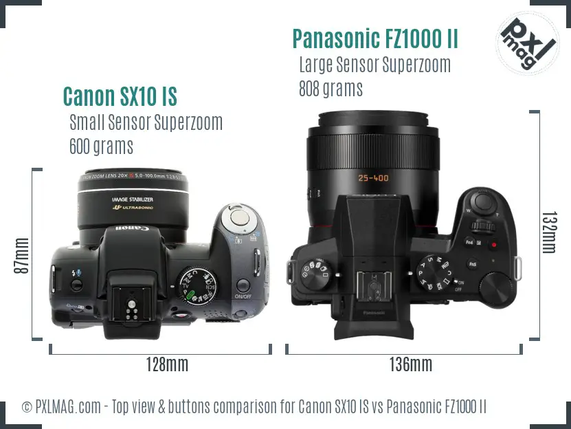 Canon SX10 IS vs Panasonic FZ1000 II top view buttons comparison