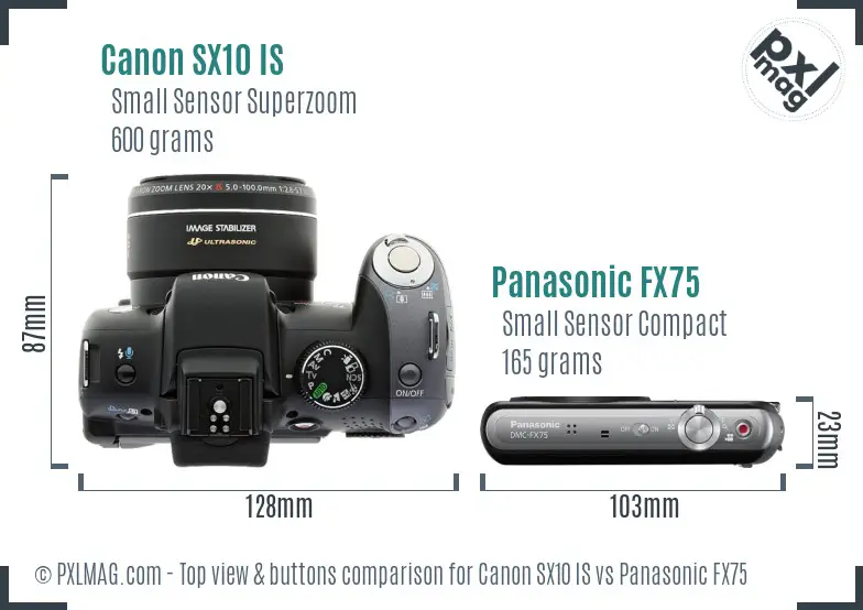 Canon SX10 IS vs Panasonic FX75 top view buttons comparison