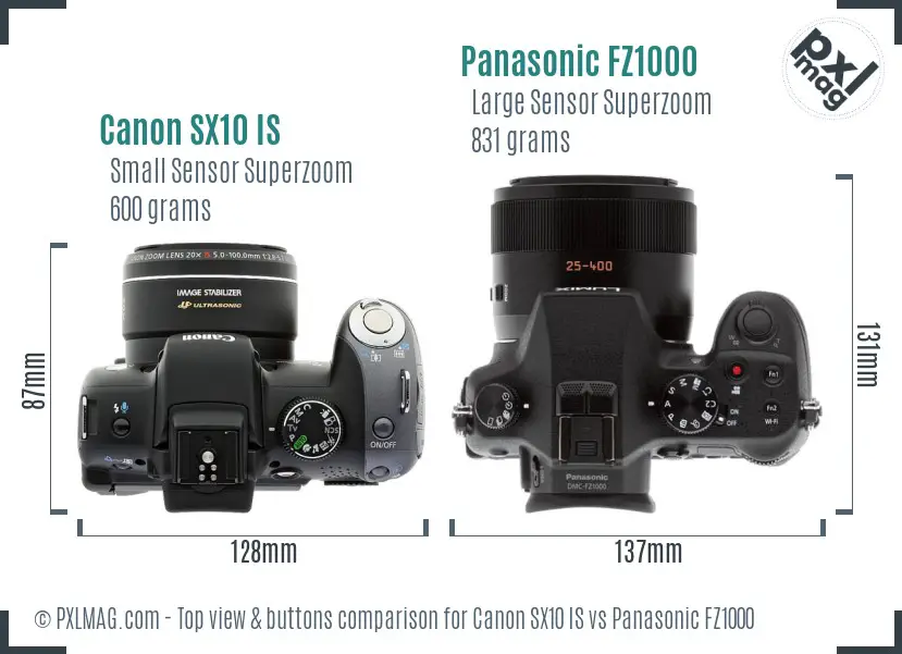 Canon SX10 IS vs Panasonic FZ1000 top view buttons comparison