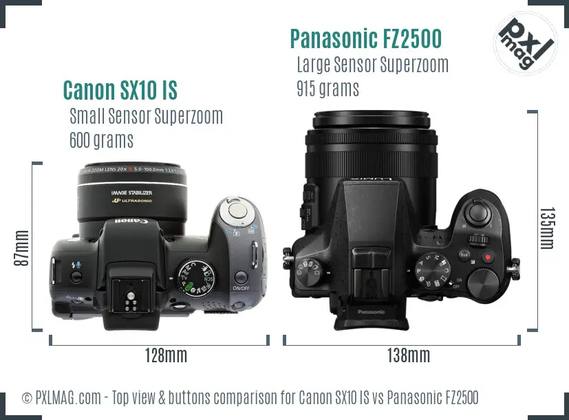 Canon SX10 IS vs Panasonic FZ2500 top view buttons comparison