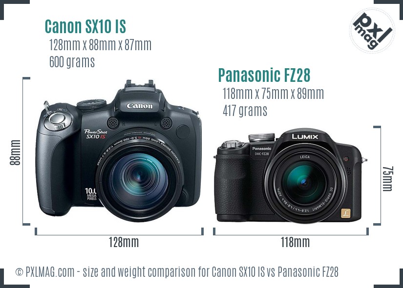 Canon SX10 IS vs Panasonic FZ28 size comparison Canon SX10 IS vs Panasonic FZ28 size comparison