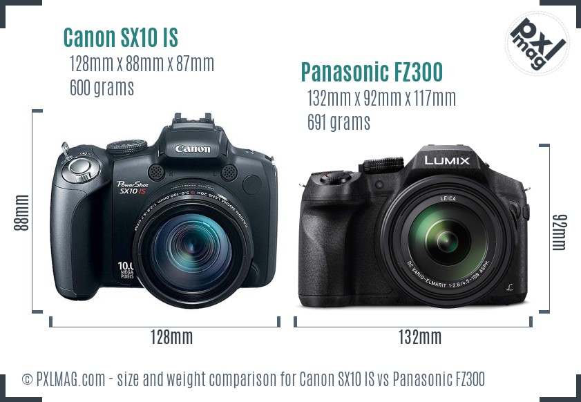 Canon SX10 IS vs Panasonic FZ300 size comparison