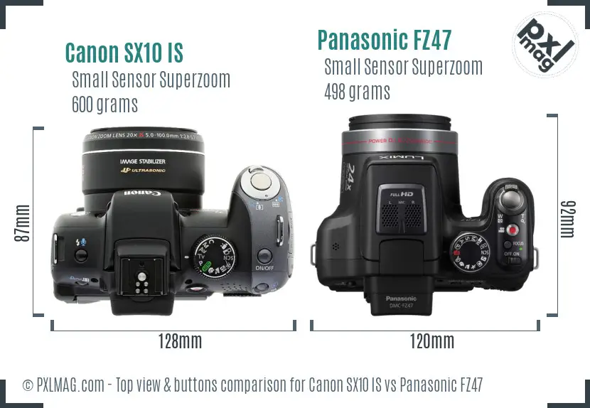 Canon SX10 IS vs Panasonic FZ47 top view buttons comparison Canon SX10 IS vs Panasonic FZ47 top view buttons comparison