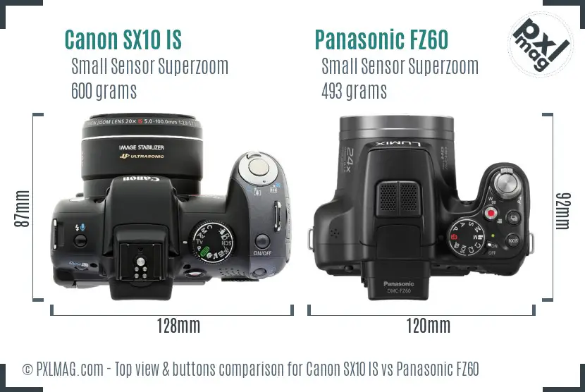 Canon SX10 IS vs Panasonic FZ60 top view buttons comparison Canon SX10 IS vs Panasonic FZ60 top view buttons comparison