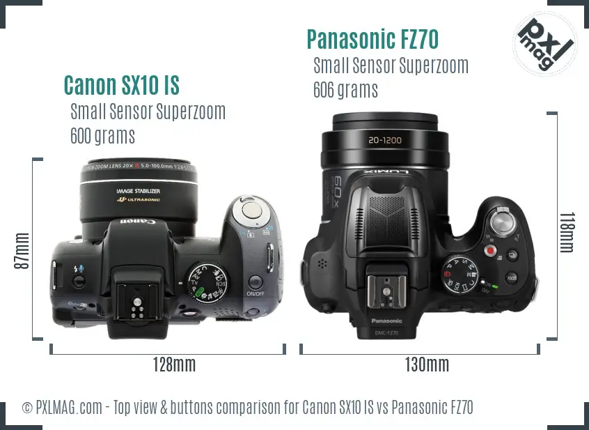 Canon SX10 IS vs Panasonic FZ70 top view buttons comparison