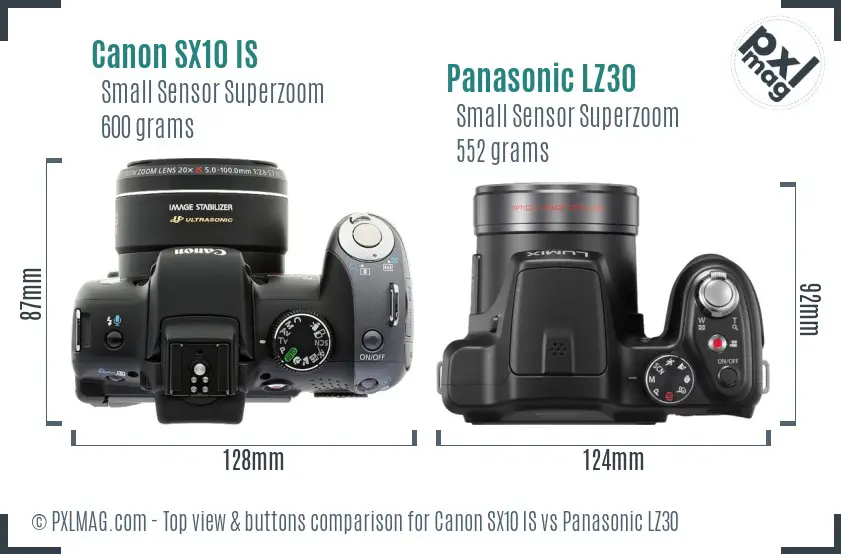 Canon SX10 IS vs Panasonic LZ30 top view buttons comparison Canon SX10 IS vs Panasonic LZ30 top view buttons comparison