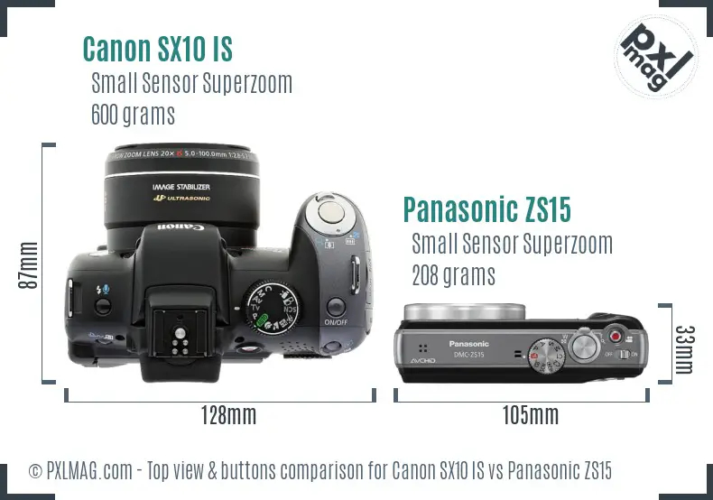 Canon SX10 IS vs Panasonic ZS15 top view buttons comparison