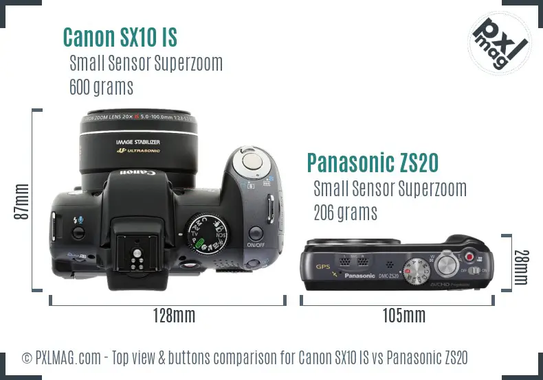 Canon SX10 IS vs Panasonic ZS20 top view buttons comparison