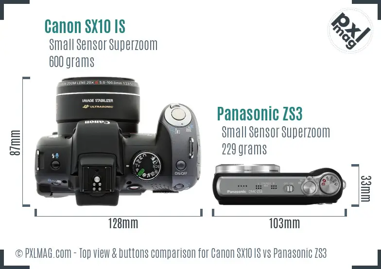 Canon SX10 IS vs Panasonic ZS3 top view buttons comparison