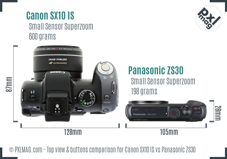 Canon SX10 IS vs Panasonic ZS30 top view buttons comparison