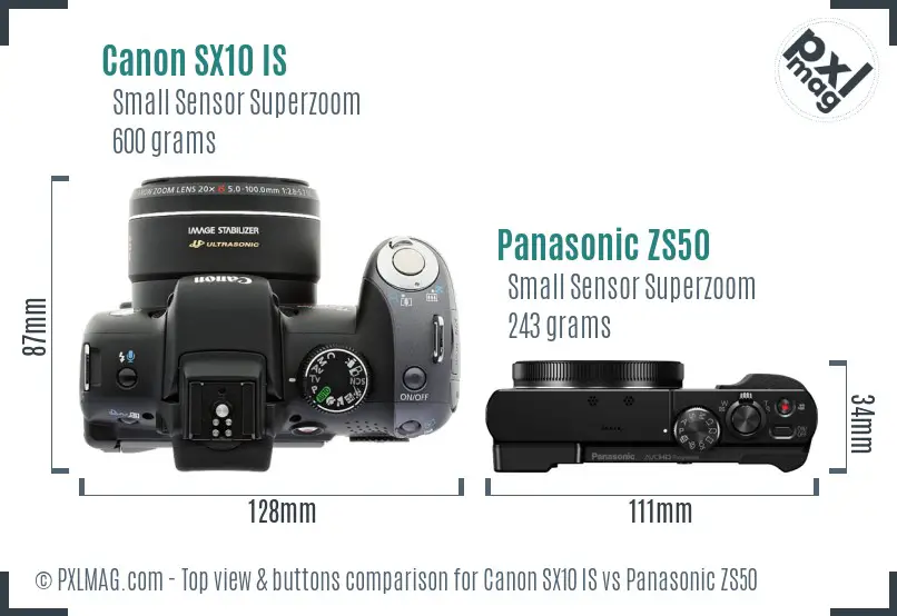 Canon SX10 IS vs Panasonic ZS50 top view buttons comparison
